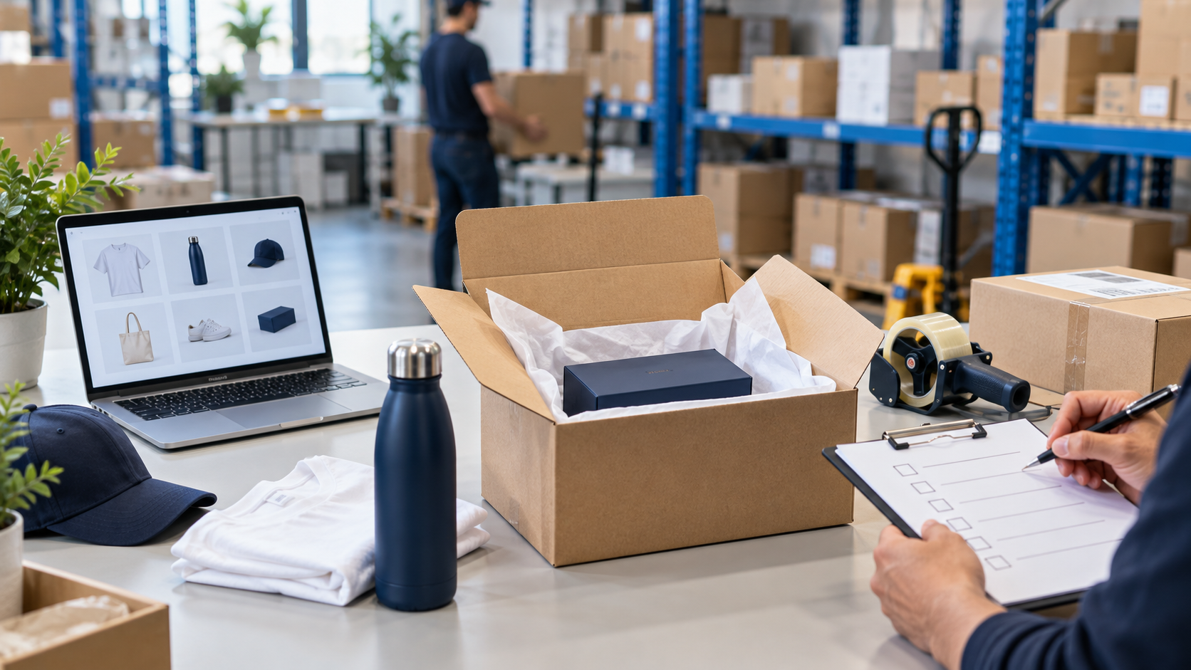 Product sourcing, quality checks, and order packing at a fulfillment workstation.