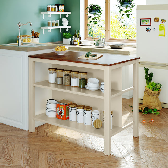 TOPMAX Solid Wood Rustic 45' Stationary Kitchen Island, Rubber Wood Butcher Block Dining Table Prep Table with 2 Open Shelves for Small Places,Walnut+Cream White