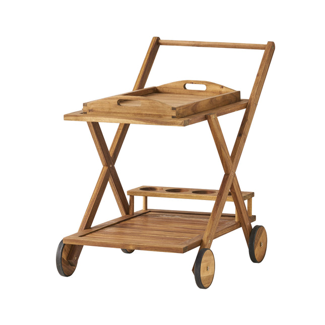 RIVIERA BAR CART Natural Stained Acacia Wood Mobile Bar Cart with Wheels for Entertaining