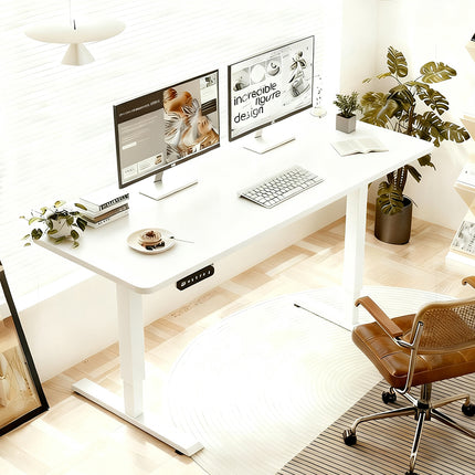55'×24' White Double Beam Electric Standing Desk Height Adjustable Desk for home and office Standing desk frame with Sliced Board