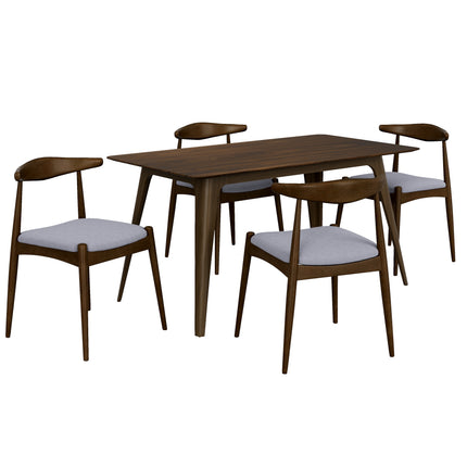 Retro-Elegant 5-Piece Dining Set with Rubberwood Frame, Faux Wood Tabletop in Walnut and Light Gray, 1 Table 4 Chairs
