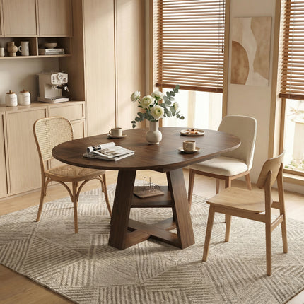 43.3in-59in Extendable Round Dining Table for 4-8,Modern Kitchen Oval Dining Table with Removable Leaves Space Saving,Wood Base with Storage Shelf for Kitchen Living Room ((Walnut))