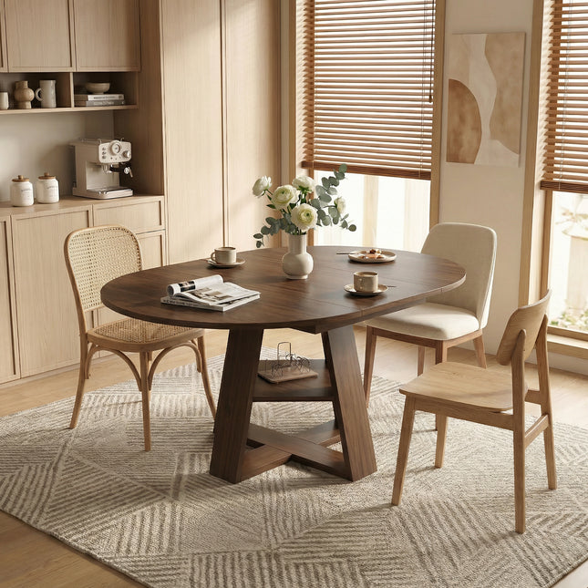 43.3in-59in Extendable Round Dining Table for 4-8,Modern Kitchen Oval Dining Table with Removable Leaves Space Saving,Wood Base with Storage Shelf for Kitchen Living Room ((Walnut))