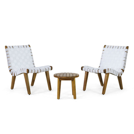 Transitional Outdoor Acacia Wood and Rope Weave 3 Piece Chat Set, White and Teak