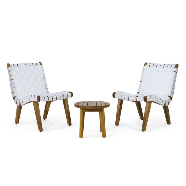 Transitional Outdoor Acacia Wood and Rope Weave 3 Piece Chat Set, White and Teak
