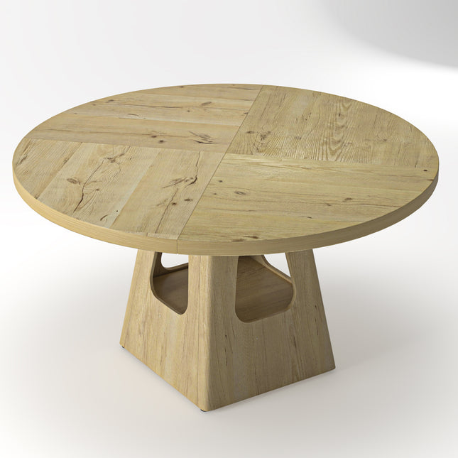 Farmhouse Round Dining Table for 4-6, 47 Inch Wooden Top with Storage Base in Natural Finish, MDF and Metal Construction