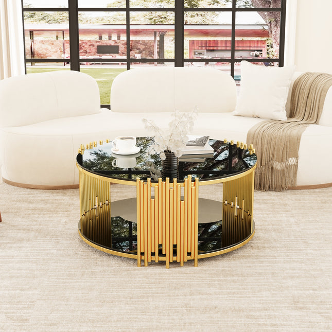 Modern minimalist light luxury style stainless steel circular coffee table, black tempered glass countertop, living room coffee table