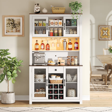 70.9' Kitchen Pantry Storage Cabinet Rustic Buffet Cabinet, Kitchen Hutch Cabinet with LED Outlets Food Pantry Cabinet with Doors and Shelves Wine Rack for Dining Room, White