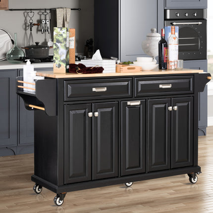 Kitchen Island with Rubber wood Countertop, Kitchen Cart on 5 Wheels with Storage Cabinet and 2 Top Drawers and A center double layered storage drawer for Dinning Room, Black