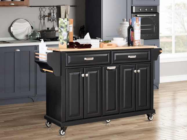 Kitchen Island with Rubber wood Countertop, Kitchen Cart on 5 Wheels with Storage Cabinet and 2 Top Drawers and A center double layered storage drawer for Dinning Room, Black