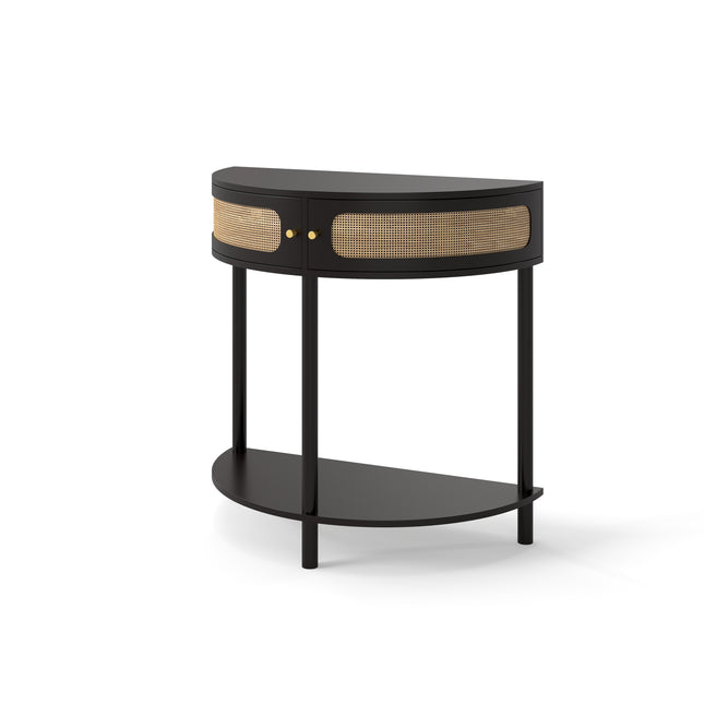 Boho Rattan Semi Circle End Table with Sliding Door, Elegant Black Wood Accent Table with Storage and Bottom Shelf