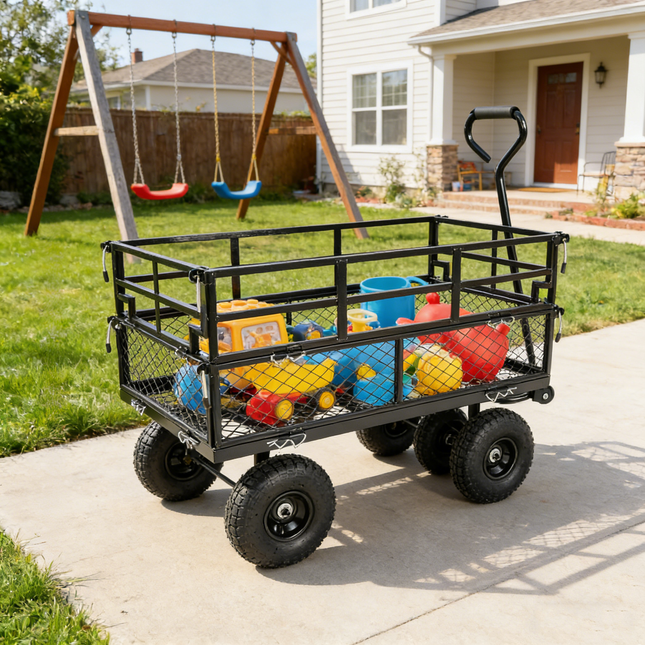 (Black double fence utility  cart) Wagon Cart Garden cart trucks make it easier to transport firewood