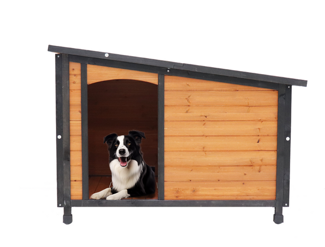 46'Dog House Outdoor & Indoor  Wooden Dog Kennel for Winter with Raised Feet Weatherproof for Large Dogs(Gold red and black)PVC waterproof roof(L)