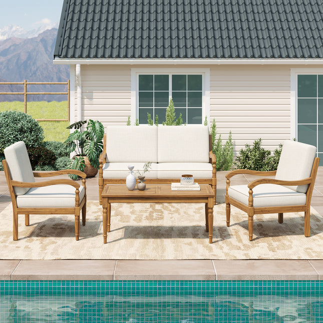 4 Piece Sofa Seating Group with Cushions, Outdoor Acacia Wood Patio Seating Group,Natural+Beige
