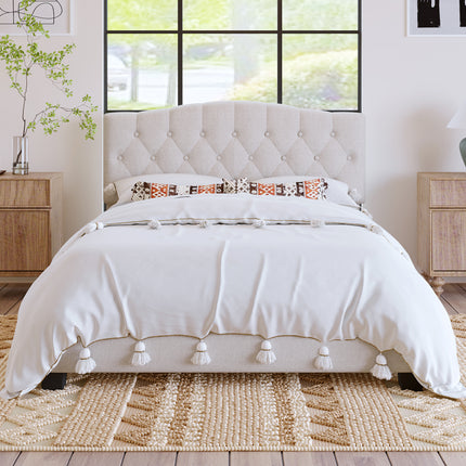 Upholstered Platform Bed with Saddle Curved Adjustable Headboard and Diamond Tufted Details,Wooden Slats and Metal Support, No Box Spring Needed,Queen, Beige(Old SKU:WF294419AAA)