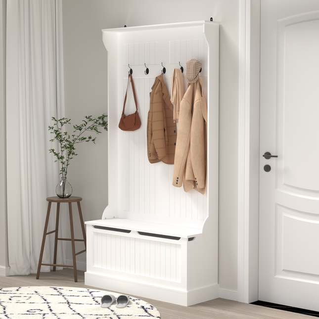 Entryway Bench with Standing Coat Rack, Hall Tree with Shoe Storage Bench, Entryway Organizer with 5 Hooks, White