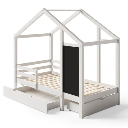 Twin House Bed with Blackboard and Drawers in White, Pine+Plywood+MDF, 80.1'L x 41.9'W x 72'H
