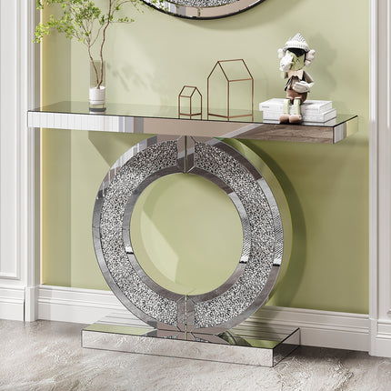 O Shaped Mirror Console Table with Crystal Hallway Entry Home Décor, Handicrafts Mirror Table for Living Room,Mirror Glass Table for Room
