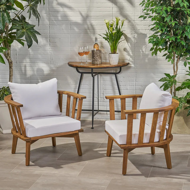Set of 2, Outdoor Acacia Wood Patio Club Chair, Wooden Patio Furniture,Waterproof Thick Cushion Deep Seating for Porch, Garden, Backyard, Balcony, Weight Capacity 400lbs, Teak Finish, White