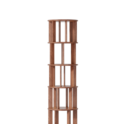 100%Solid Wood Rotating Bookshelf on Wheels,5 Tier, Round Revolving Bookcase, 360° Spinning Book Shelf Tower for Kids, Narrow Rolling Bookshelves for Small Space, Corner, Bedroom, Office, Walnut