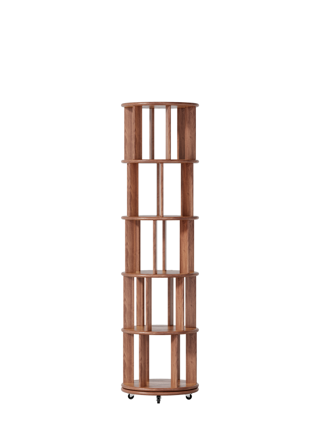 100%Solid Wood Rotating Bookshelf on Wheels,5 Tier, Round Revolving Bookcase, 360° Spinning Book Shelf Tower for Kids, Narrow Rolling Bookshelves for Small Space, Corner, Bedroom, Office, Walnut