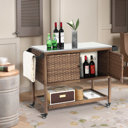 Outdoor Wicker Bar Cart, Patio Wine Serving Cart w/Wheels, Rolling Rattan Beverage Bar Counter Table w/Glass Top for Porch Backyard Garden Poolside Party, Brown
