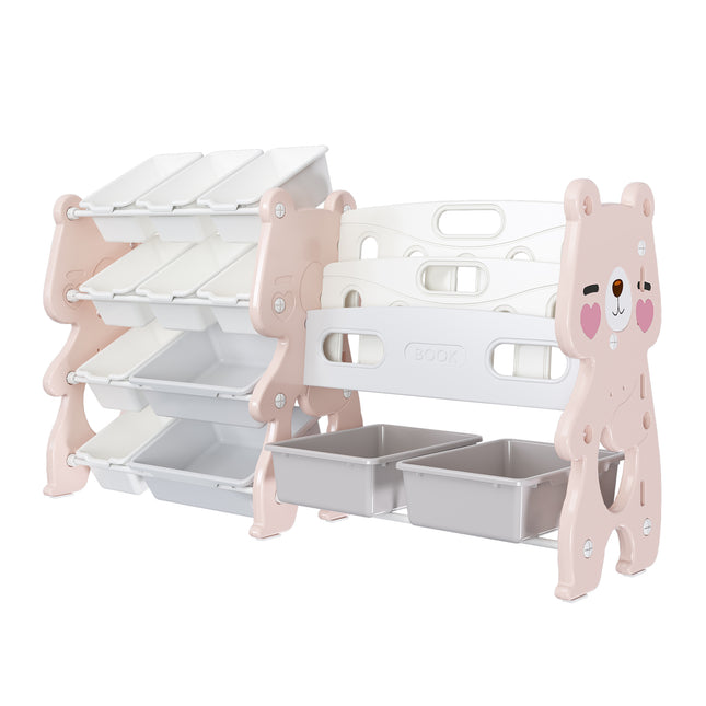 Kids Toy Storage Organizer with 2 Tier Bookshelf and 12 Toy Bins, Pink Polyethylene
