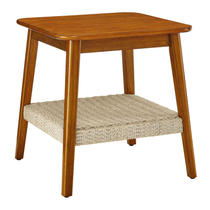 Mid-Century Square Side Table with Woven Shelf Walnut
