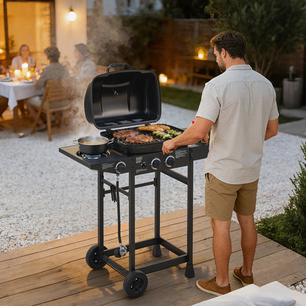 2 Burner BBQ Propane Gas Grill with Side Burner 24000 BTU Output Stainless Steel Barbecue Grill with Enameled Grates and Side Tables for Outdoor Cooking Kitchen and Patio Backyard