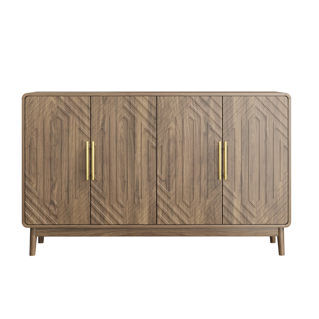 Modern Carved 4-Door Sideboard Buffet Cabinet with Storage, Adjustable Layer Board, Walnut Finish