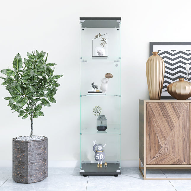 Glass Display Cabinet 4 Shelves with Door, Floor Standing Curio Bookshelf for Living Room Bedroom Office, 64.7'*16.7'*14.3', Black