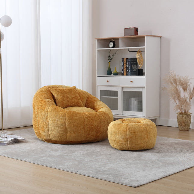 UNITED WE WIN Modern Bean Bag Chairs, Comfy Round Chair for Adults with Ottoman, Leisure Single Sofa Reading Chair with Pillow for Living Room, Bedroom, Apartment