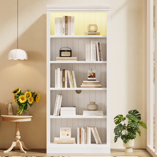 83.4' Tall Wood Bookcase with light strip,5-Tier Decor Bookshelves with Adjustable Shelves,Storage Organizer for CDs/Books,Free Standing Storage Shelves for Living Room,Home Office,White