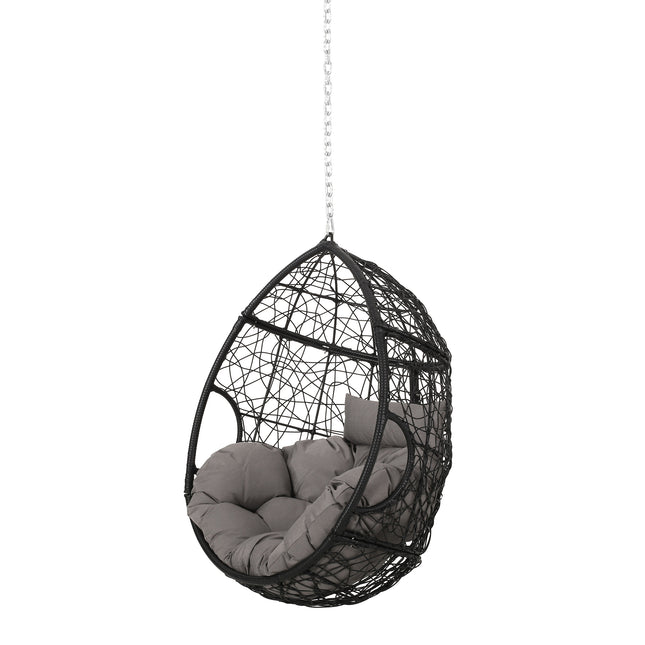 Teardrop Hanging Chair with 8ft Chain in Grey Cushion and Black Frame, PE Rattan and Iron