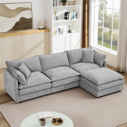 Modular Sectional Sofa, 102 Inch L Shaped Couch Set for Living Room, 3-Seater Comfy Cloud Couches with Movable Ottoman, DIY Combination, Chenille, Grey