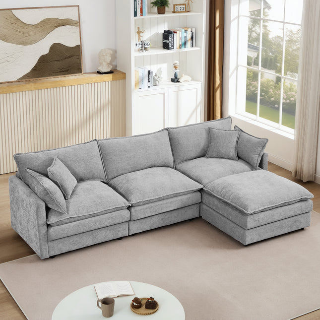 Modular Sectional Sofa, 102 Inch L Shaped Couch Set for Living Room, 3-Seater Comfy Cloud Couches with Movable Ottoman, DIY Combination, Chenille, Grey