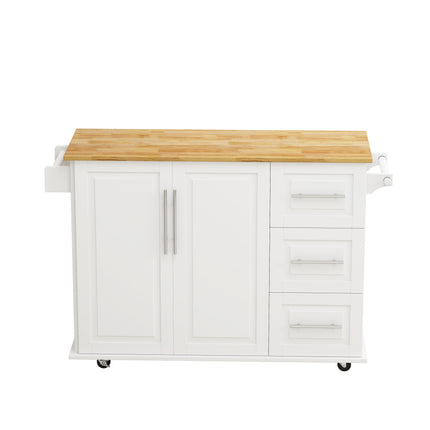 White Kitchen Island Cart with 2 Door Cabinet, 3 Drawers, Spice Rack & Towel Rack, Solid Wood Top, 43.31 Inch Width