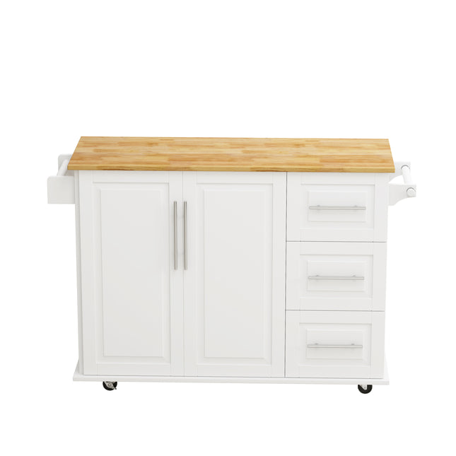 White Kitchen Island Cart with 2 Door Cabinet, 3 Drawers, Spice Rack & Towel Rack, Solid Wood Top, 43.31 Inch Width