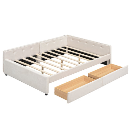 Beige Upholstered Platform Bed with USB Ports and Storage Drawers, Full Size