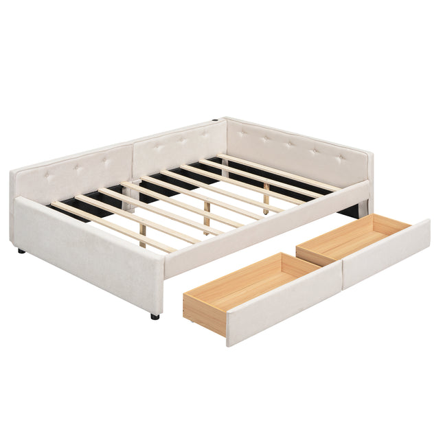 Beige Upholstered Platform Bed with USB Ports and Storage Drawers, Full Size