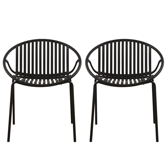 Modern Simple Art Style Patio Dining Chairs with Breathable Design, Metal Legs and Plastic Backrest, Black (Set of 2)