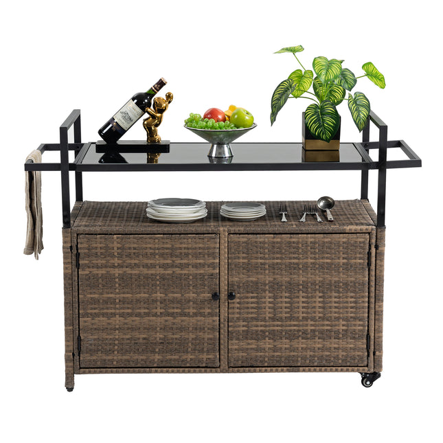 Outdoor Wicker Bar Cart, Patio Wine Serving Cart w/Wheels , Rolling Rattan Beverage Bar Counter Table w/Glass Top for Porch Backyard Garden Poolside Party, Light brown