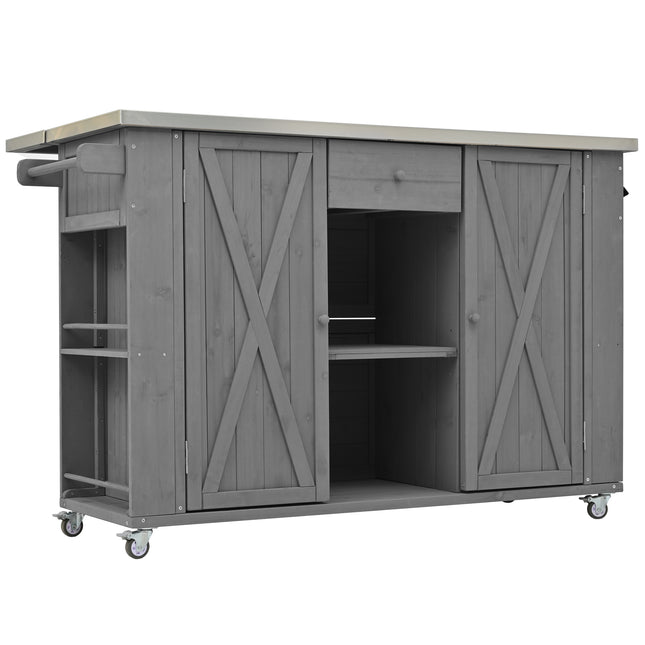 Outdoor Kitchen Island Fir Wood Kitchen Island with Stainless Steel Top, Ample Storage, Towel and Spice Racks, Bottle Opener, Grey
