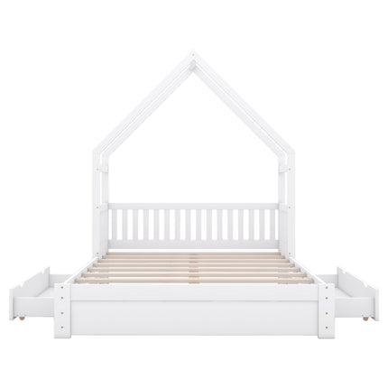 White House-Style Queen Size Platform Bed with Guardrail and 2 Drawers, Pine Wood + MDF