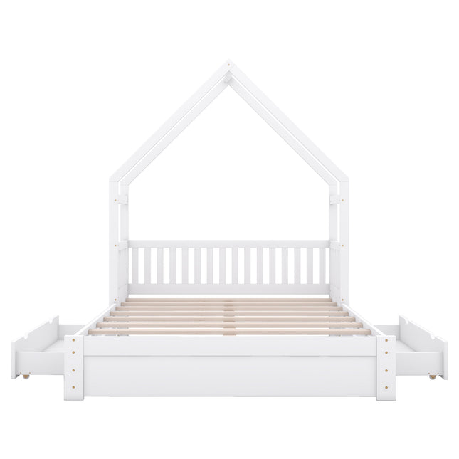 White House-Style Queen Size Platform Bed with Guardrail and 2 Drawers, Pine Wood + MDF
