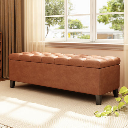 Upholstered Button Tufted Storage Ottoman, PU, Cognac Brown