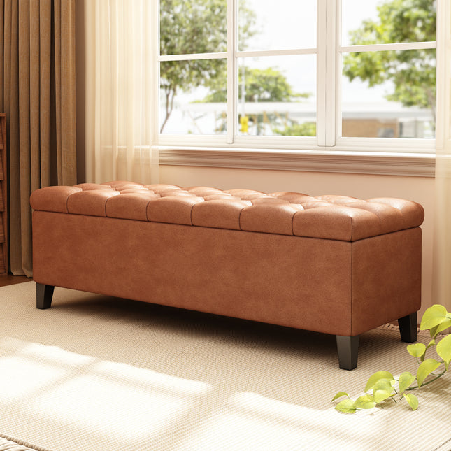 Upholstered Button Tufted Storage Ottoman, PU, Cognac Brown