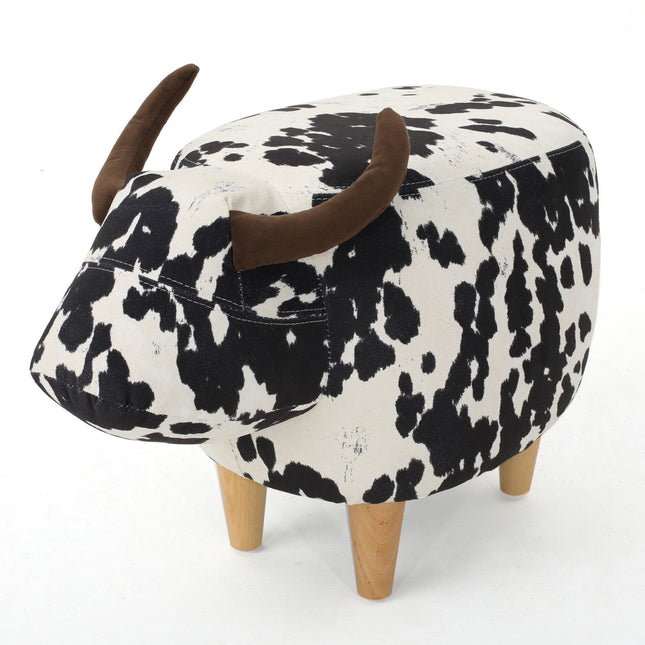 Cow-Shaped Ottoman Footstool, Black and White Modern Accent Stool with Velvet Horns, Fabric Body, Birch Legs