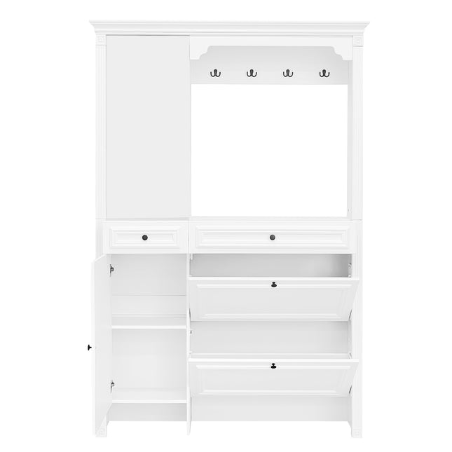 54.7'' Hall Tree with Integrated Shoe Cabinet and Mirrored Cabinet Door, Coat Hanger, Entryway Bench, 4-in-1 Design, 2 Flip Drawers, 4 Hooks and 2 Cabinets for Entrance,Living Room