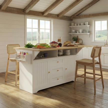 Large Kitchen Island with 2 Drop Leaf,Rolling Kitchen Cart on 5 Wheels with Power Outlet,Folding Storage Dining Table with Spice & Towel Rack , 3 Drawers, for Kitchen, Dining Room,White